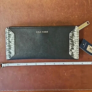 Cole Haan Long Bifold Wallet Black Leather with Croc Trim NWT